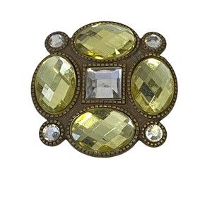 Vintage Green Rhinestone Clear Crystal Brooch Pin Pendant Bronze Tone Brass 1.5"